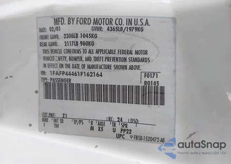 2001 Ford Mustang z USA, uszkodzony, nr VIN 1FAFP44461F162164